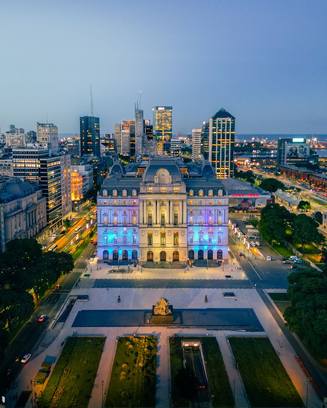 Aerial view of the Buenos Aires skyline at dusk